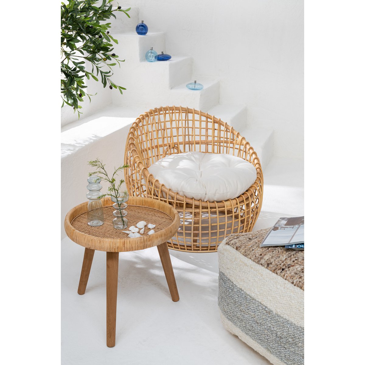 Stoel Lise + Kussen (Rotan/Textiel Naturel-Wit) – J-LINE