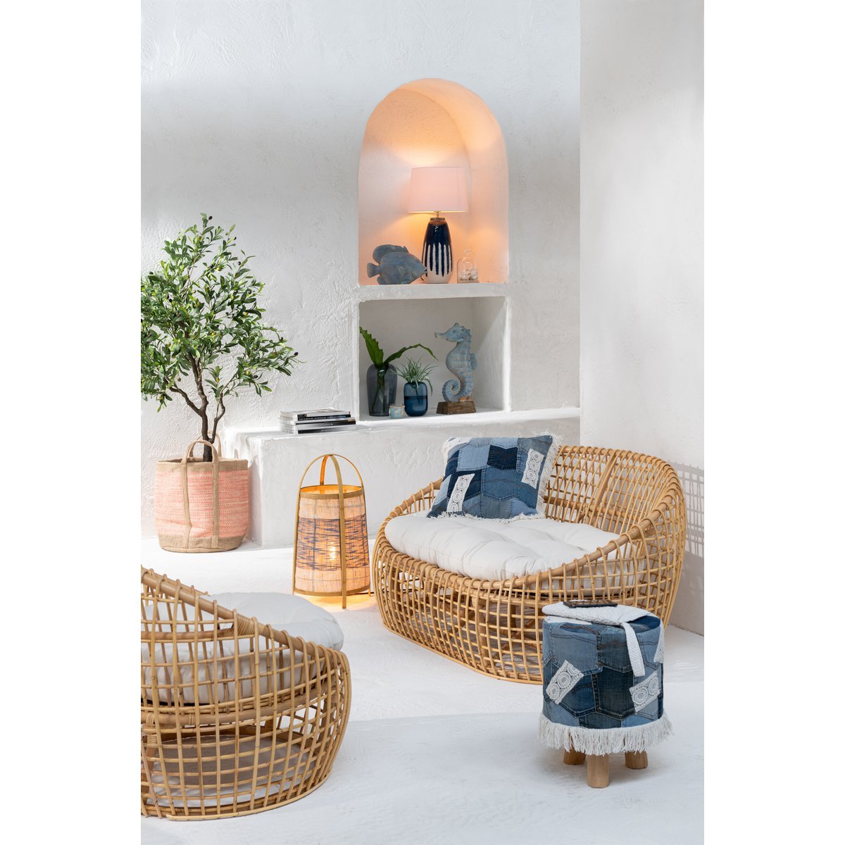 Stoel Lise + Kussen (Rotan/Textiel Naturel-Wit) – J-LINE