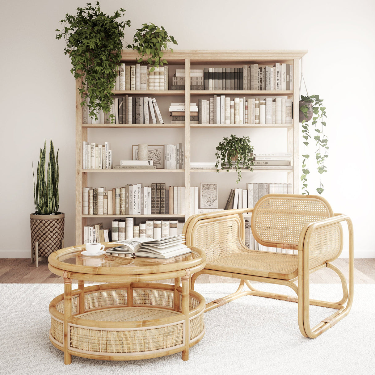 Rattan Salontafel – Rond met Glazen Blad / Mojo Boutique