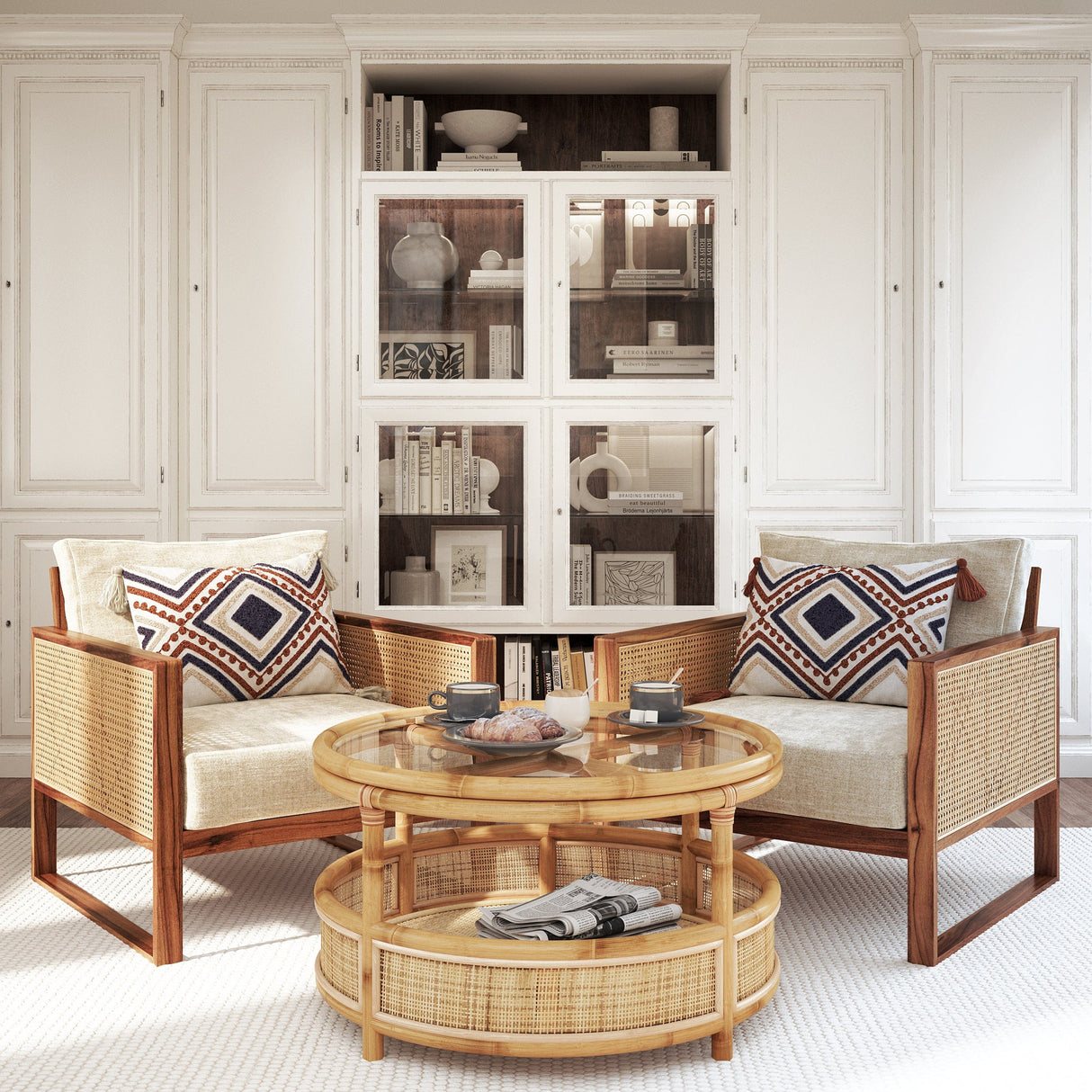 Rattan Salontafel – Rond met Glazen Blad / Mojo Boutique