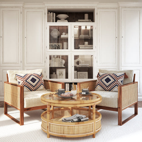 Rattan Salontafel – Rond met Glazen Blad / Mojo Boutique