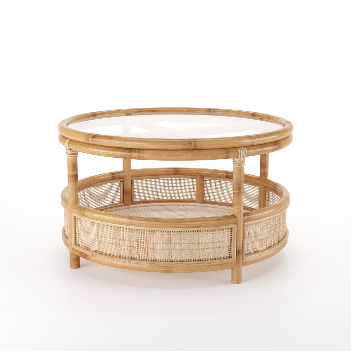 Rattan Salontafel – Rond met Glazen Blad / Mojo Boutique