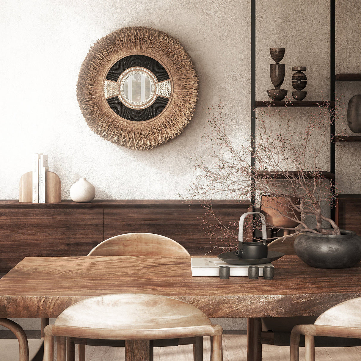 Raffia & Schelpen Spiegel – Handgemaakt in Bali / Mojo Boutique