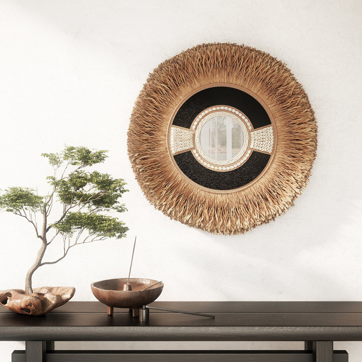 Raffia & Schelpen Spiegel – Handgemaakt in Bali / Mojo Boutique